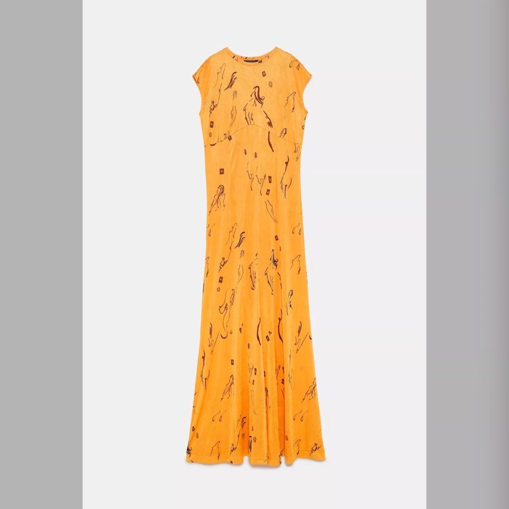 Zara Orange Maxi Dress with Abstract Black Print